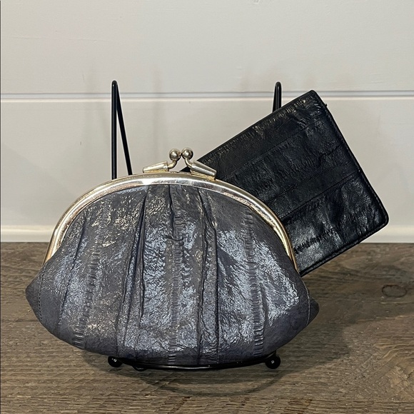 Vintage Gray Eel Skin Double Kiss Lock Coin Purse & Blk Eel Skin Checkbook Cover - Picture 2 of 15